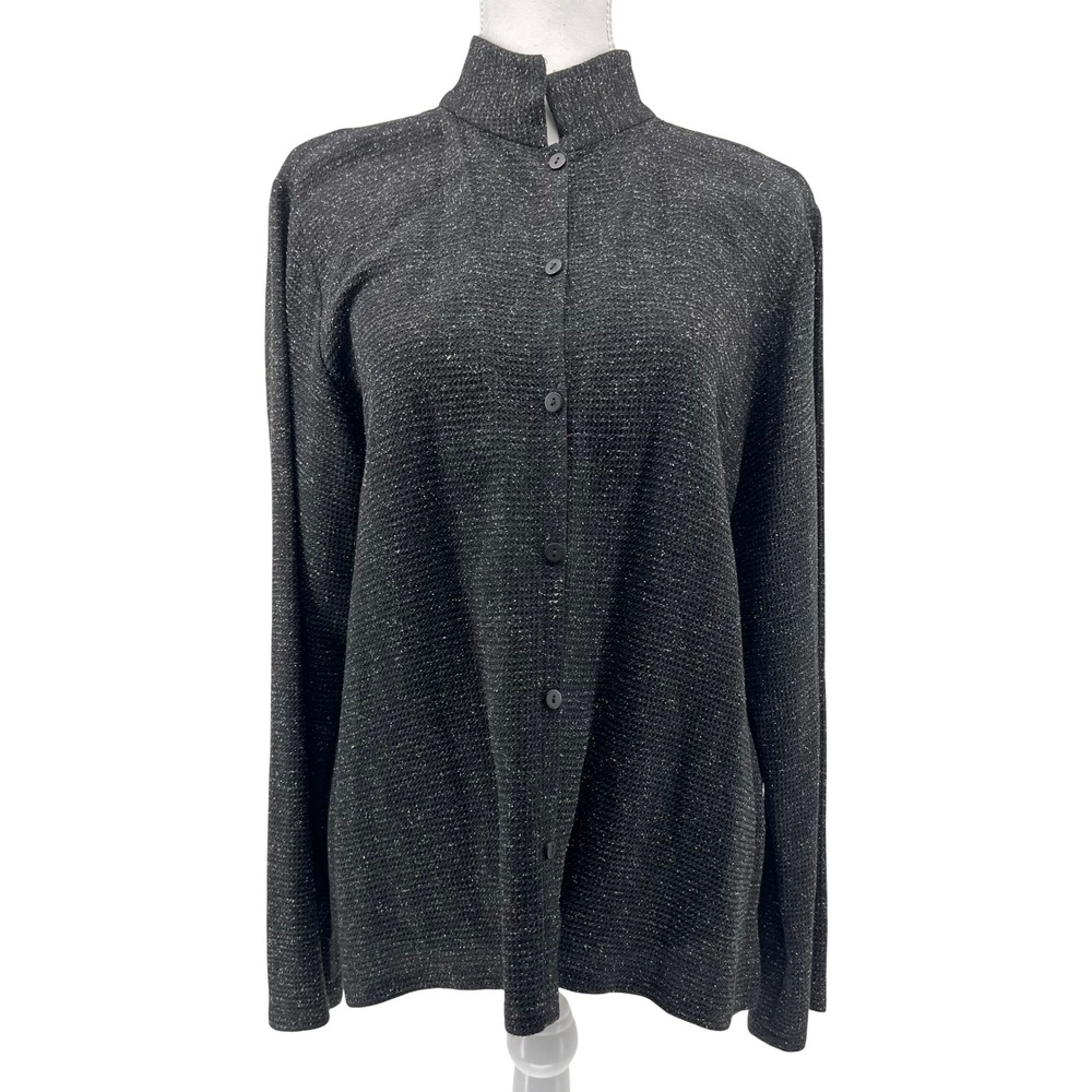 EILEEN FISHER Sparkle Knit Mock Neck Button Front Top Women's Sz M Black Silver